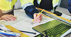 Collaboration, hands and laptop with construction worker people closeup on building site for planning. Architecture, blueprints and computer with engineering team writing on location for development