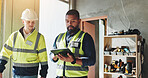 Men, tablet and teamwork for inspection or construction, industrial planning and building renovation of development. Engineer, collaboration and project management with maintenance for infrastructure