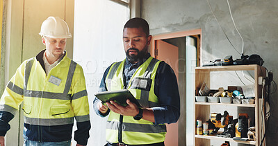 Buy stock photo Men, tablet and teamwork for inspection or construction, industrial planning and building renovation of development. Engineer, collaboration and project management with maintenance for infrastructure
