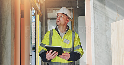 Buy stock photo Man, tablet and contractor for inspection of construction, industrial planning and building renovation of development. Engineer, architect and project management with maintenance for infrastructure