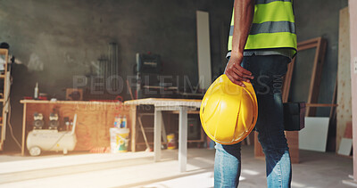Buy stock photo Construction, hands and walking with toolbox, hard hat and safety compliance for industrial development. Worker, person or equipment on site for building maintenance, renovation project or inspection