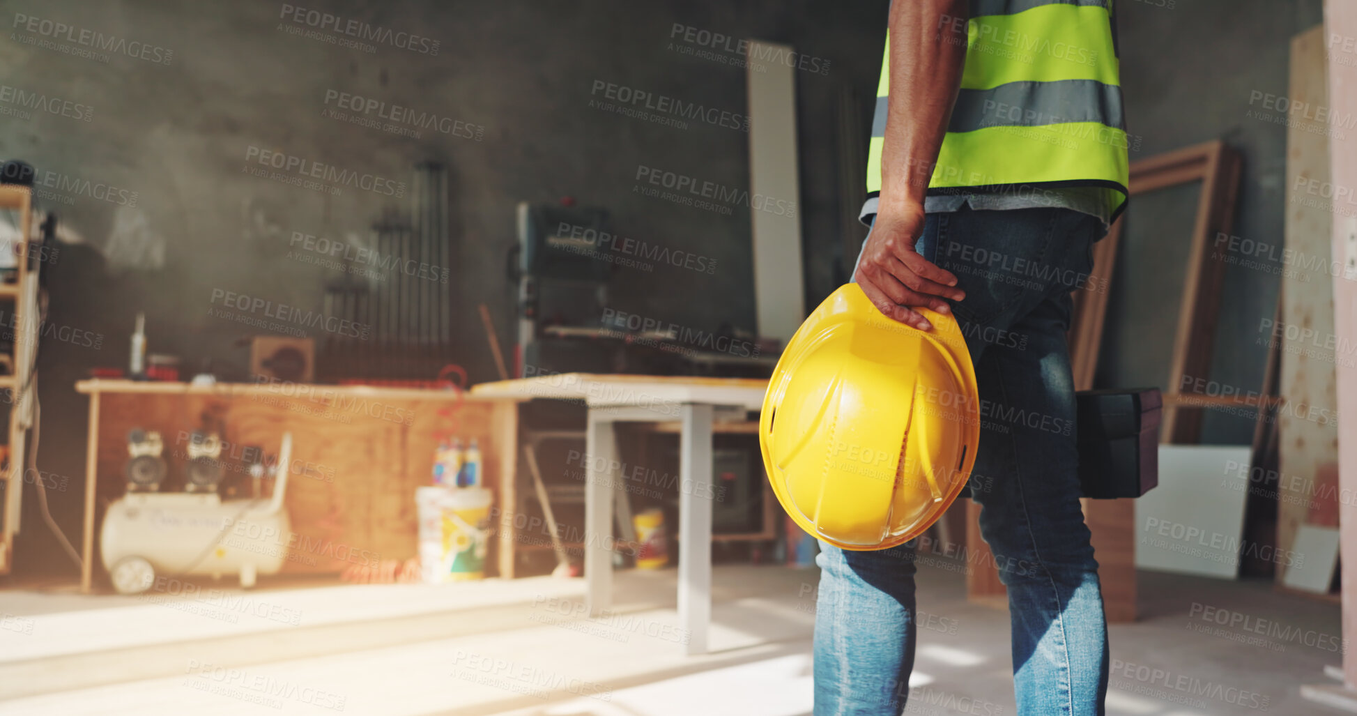 Buy stock photo Construction, hands and walking with toolbox, hard hat and safety compliance for industrial development. Worker, person or equipment on site for building maintenance, renovation project or inspection