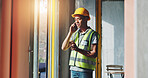 Man, phone call and discussion at construction site for renovation by window, insight or negotiation for material price. Person, architecture and smartphone for talk, property or development project