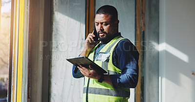 Buy stock photo Building, phone call and tablet with construction worker man on site for civil engineering or development. App, conversation and planning with developer person on location for project management