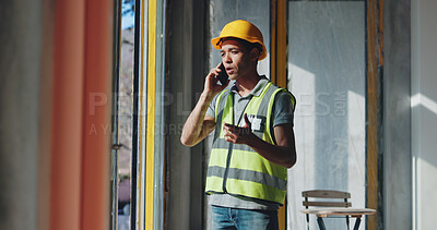 Buy stock photo Man, phone call and talk at construction site for renovation by window, insight or negotiation for material price. Person, architecture and smartphone for discussion, property or development project