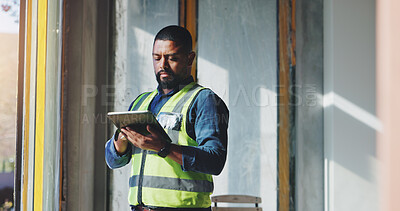 Buy stock photo Building, development and tablet with construction worker man on site for civil engineering or inspection. App, planning and research with developer person on location for project management