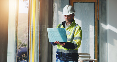 Buy stock photo Man, laptop and contractor for inspection of construction, industrial planning and building renovation of development. Engineer, architect and project management with maintenance for infrastructure