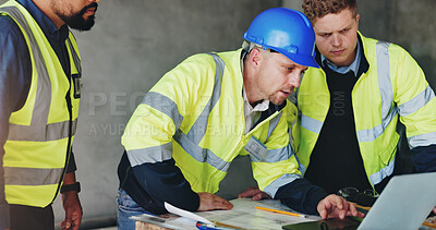 Buy stock photo Man, laptop and group at construction site with meeting, review and planning for renovation project. Lead engineer, checklist and staff for documents, computer and blueprint for property development