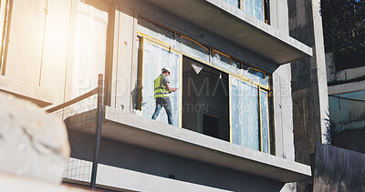 Buy stock photo Construction site, engineer and man on balcony, building and inspection of process with tablet or online. City, inspector and person with tech for architecture, project management and renovation