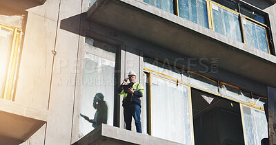 Buy stock photo Construction site, architect and man with tablet, phone call and communication for inspection or online. Balcony, inspector and person with tech for project management, review and process on website