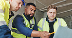 Man, laptop and team at construction site with discussion, review or insight for renovation project. Lead engineer, checklist and point for architecture, computer or feedback for property development