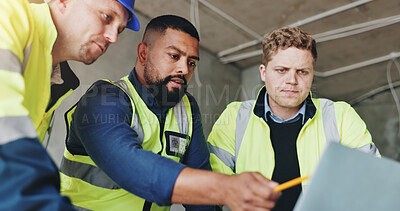 Buy stock photo Man, laptop and team at construction site with discussion, review or insight for renovation project. Lead engineer, checklist and point for architecture, computer or feedback for property development