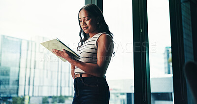 Buy stock photo Office, businesswoman and journalist with tablet for reading, news story and notification for blog post. Career, female person and editor with digital for publication, article information and below