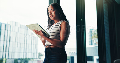 Buy stock photo Office, businesswoman or journalist with tablet for research, news story or notification for blog post. Low angle, female person or editor with digital for publication, article information or reading