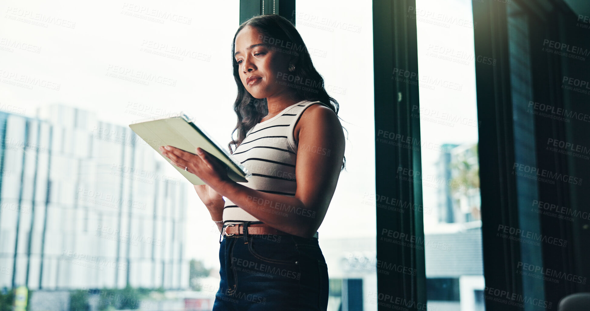 Buy stock photo Office, businesswoman or journalist with tablet for research, news story or notification for blog post. Low angle, female person or editor with digital for publication, article information or reading