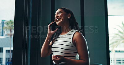 Buy stock photo Office, businesswoman and journalist with phone call for laughing, negotiation and questions to source. Below, person and publication editor with mobile for news verification, discussion and contact