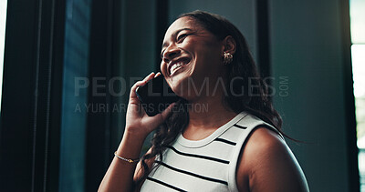 Buy stock photo Joke, businesswoman and journalist with phone call in office, negotiation and questions to source. Below, laughing and publication editor with mobile for news verification, discussion and contact