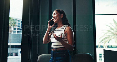 Buy stock photo Office, businesswoman and journalist with phone call for communication, talking and questions to source. Below, smile and publication editor with mobile for news verification, discussion and contact