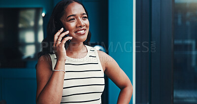 Buy stock photo Office, businesswoman and editor with phone call for thinking, talking and questions to source. Smile, female person and journalist with mobile for news verification, discussion and idea for contact