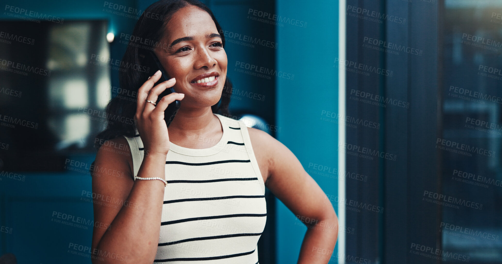 Buy stock photo Office, businesswoman and editor with phone call for thinking, talking and questions to source. Smile, female person and journalist with mobile for news verification, discussion and idea for contact