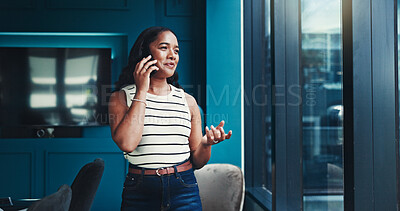 Buy stock photo Office, businesswoman and journalist with phone call for talking, negotiation and questions to source. Career, person and publication editor with mobile for news verification, discussion and contact