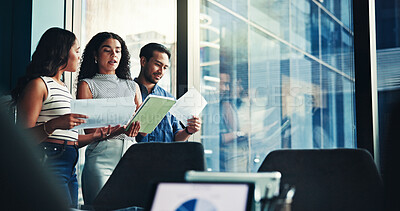 Buy stock photo Teamwork, tablet and business people in workplace, conversation and report for profit growth. Group, discussion and employees with tech, digital app and financial advisor with proposal for budget
