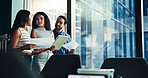 Talking, documents or business people on tablet for graphs research, teamwork or accounting proposal. Financial growth, finance analysts or news update for budget report, paperwork and investment