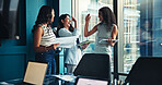 Women, team and high five with celebration at office with support, achievement and tablet at agency. People, happy and cheers with goals, documents and group with congratulations at insurance company
