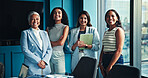 Business women, smile and happy with portrait at office with confidence, pride and partnership for company growth. People, employees and about us for career development, teamwork and collaboration