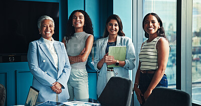 Buy stock photo Business women, smile and happy with portrait at office with confidence, pride and partnership for company growth. People, employees and about us for career development, teamwork and collaboration