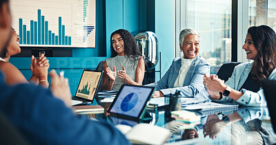 Buy stock photo Meeting, team and applause with business people in office for success, growth performance and charts. Portfolio profit, investor achievement and account bonus with employees in agency for celebration