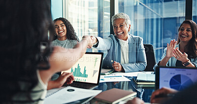 Buy stock photo Shaking hands, graphs or business people in finance meeting for budget, funding and capital growth. Handshake, deal agreement and financial advisor in partnership with investor, charts and laptop
