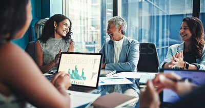 Buy stock photo Business women, applause and celebrate success with CEO for financial performance, goal and winning. Group, clapping and cheers for laughing manager with investment growth, data or praise in office