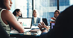 Finance, hands and laptop screen with business people in office boardroom for investment opportunity. Growth, portfolio and proposal with financial colleagues in workplace for wealth management