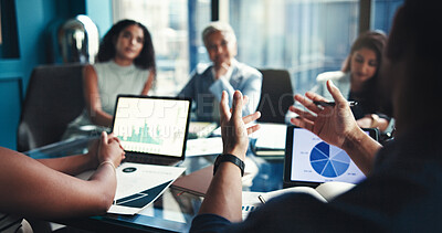 Buy stock photo Finance, hands and tablet screen with business people in office boardroom for investment opportunity. Growth, portfolio and presentation with financial team in workplace for wealth management