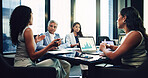 Business women, data and team discussion in meeting for planning with financial metrics. Group, chart and brainstorming with manager for investment idea, proposal and strategy with stats in office