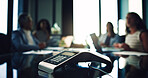 Conference call, meeting and phone with people in office together for communication. Collaboration, boardroom and virtual workshop with employee team at work for development, planning or strategy
