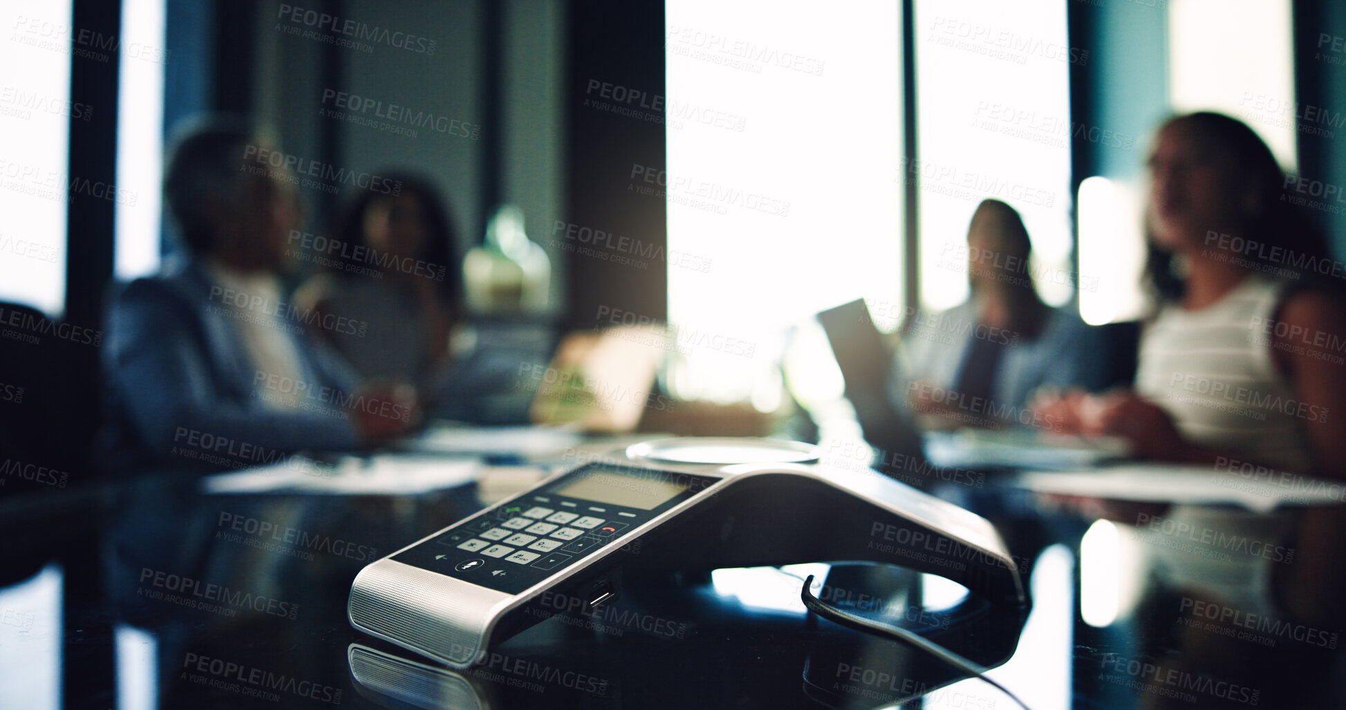 Buy stock photo Conference call, meeting and phone with people in office together for communication. Collaboration, boardroom and virtual workshop with employee team at work for development, planning or strategy
