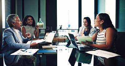 Buy stock photo Meeting, discussion and planning with business women in office for consulting, growth performance and charts. Portfolio, investor report and account update with female employees for budget review