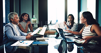 Buy stock photo Business women, document and group discussion in meeting for planning with profit metrics. Team, chart and brainstorming with manager for investment idea, proposal and financial strategy in office