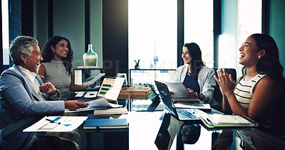 Buy stock photo Collaboration, laughing and meeting with business women in boardroom of office together for planning. Diversity, funny and teamwork with employee group in workplace for development or discussion