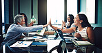 Women, group and high five for success at office with support, achievement or excited in boardroom. People, meeting and celebration with goal, winning or team for congratulations at insurance company