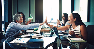 Buy stock photo Women, group and high five for success at office with support, achievement or excited in boardroom. People, meeting and celebration with goal, winning or team for congratulations at insurance company