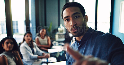 Buy stock photo Meeting, presentation and discussion with business man in office for consulting, planning and advice. Portfolio, investor report and account update with person and teaching for team solution POV