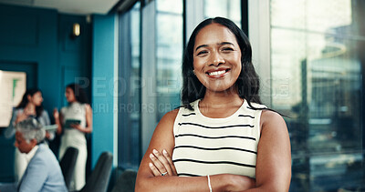 Buy stock photo Arms crossed, finance or portrait of businesswoman in meeting for graphs, forecasting or accounting data. Smile, confident or financial analyst with economic update for budget report or investment