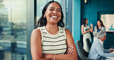 Buy stock photo Office, businesswoman and pride with laugh for meeting, investment growth or financial advisor. Career, female person and consultant with arms crossed for risk management, finance agency or happiness