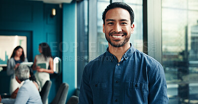 Buy stock photo Confident, charts or portrait of businessman in meeting for graphs, forecasting or accounting data. Accountant, happy or proud financial analyst with economic update for budget report or investment