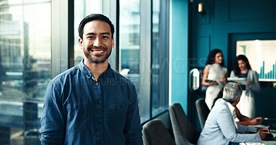 Buy stock photo Office, businessman and portrait with smile for meeting, investment growth or financial advisor. Career, male person and finance consultant with confidence for risk management, agency and happiness