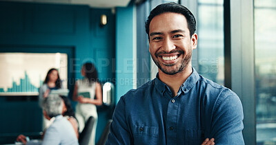 Buy stock photo Graphs, economist or portrait of businessman in meeting for forecasting growth or accounting data. Accountant, happy or proud financial analyst with economic charts for budget report or investment