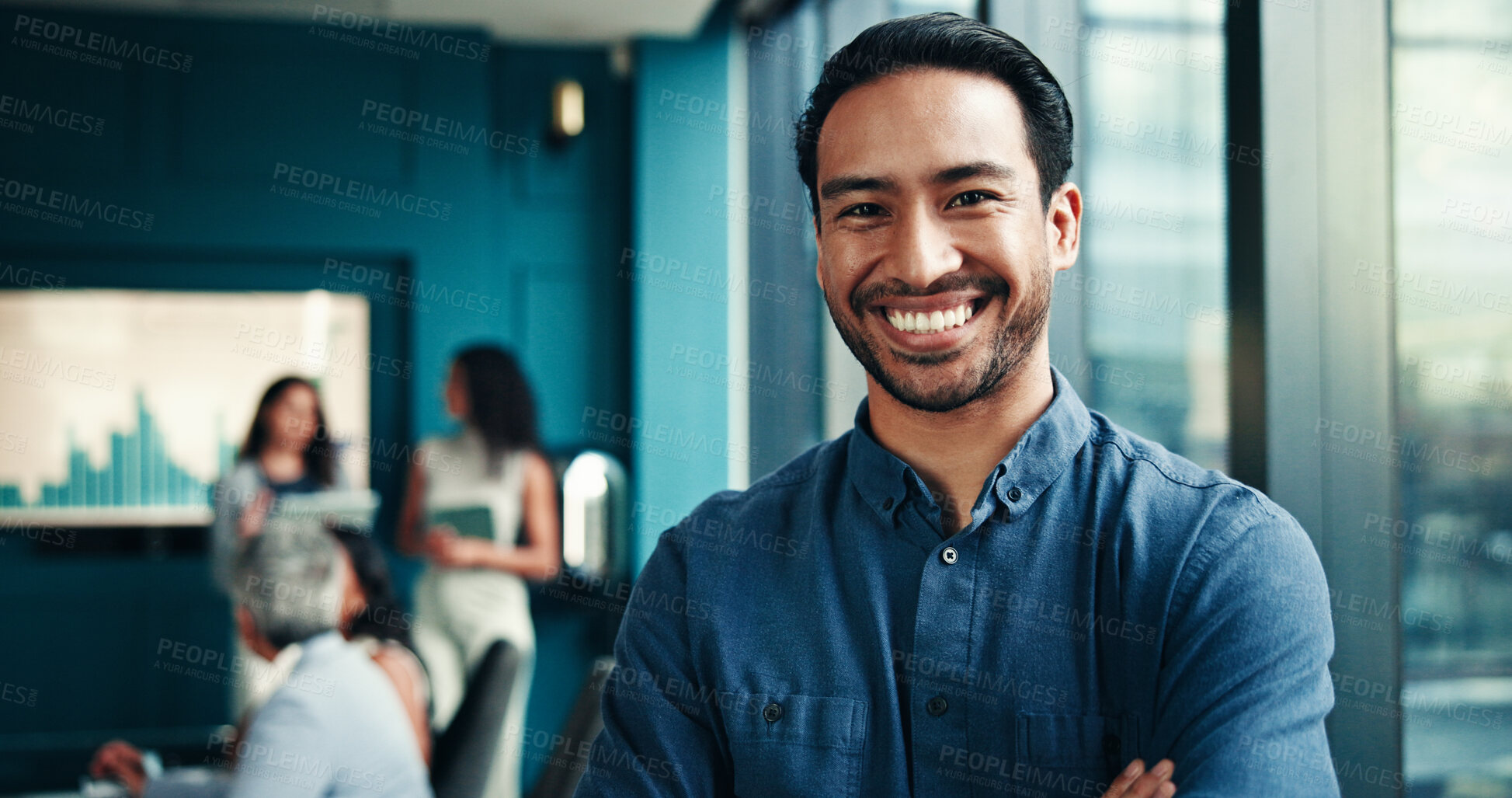 Buy stock photo Graphs, economist or portrait of businessman in meeting for forecasting growth or accounting data. Accountant, happy or proud financial analyst with economic charts for budget report or investment